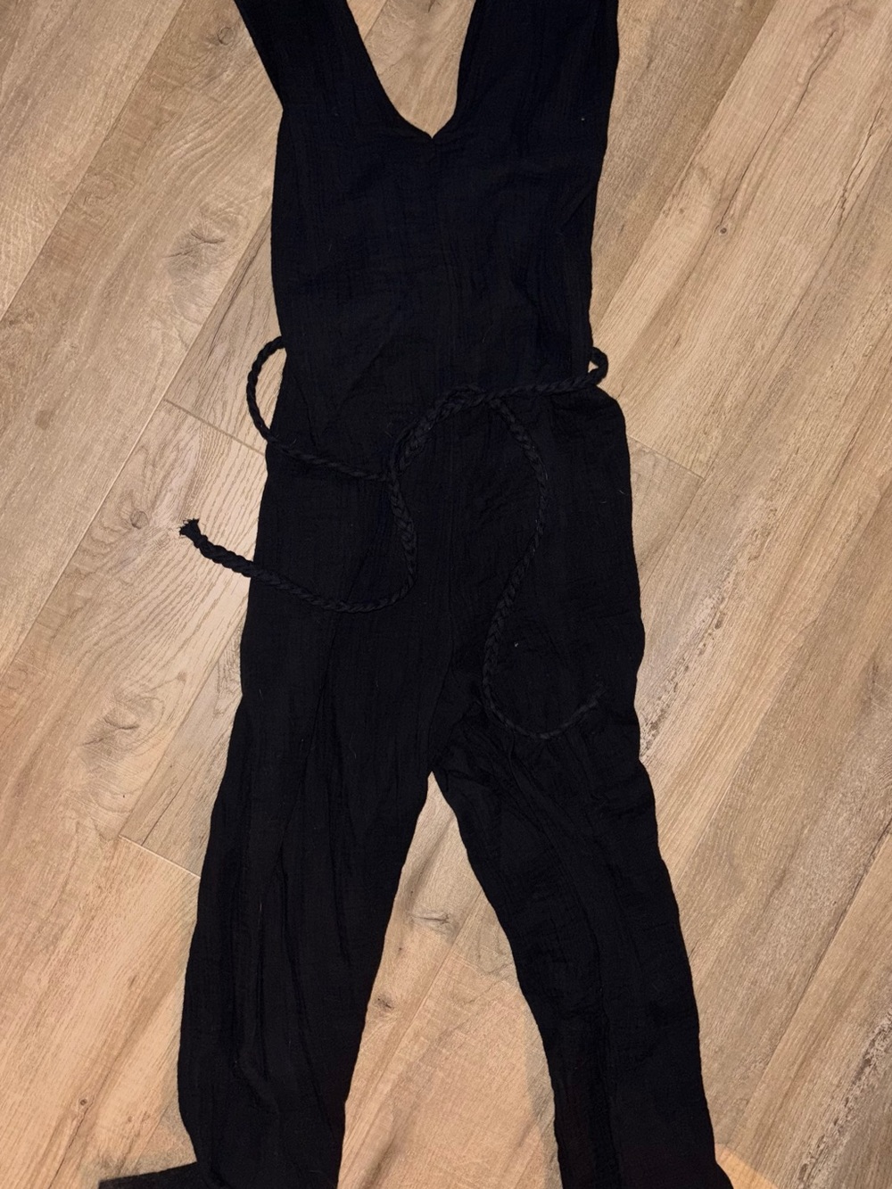 Women’s Black Sleeveless Jumpsuit with Braided Belt